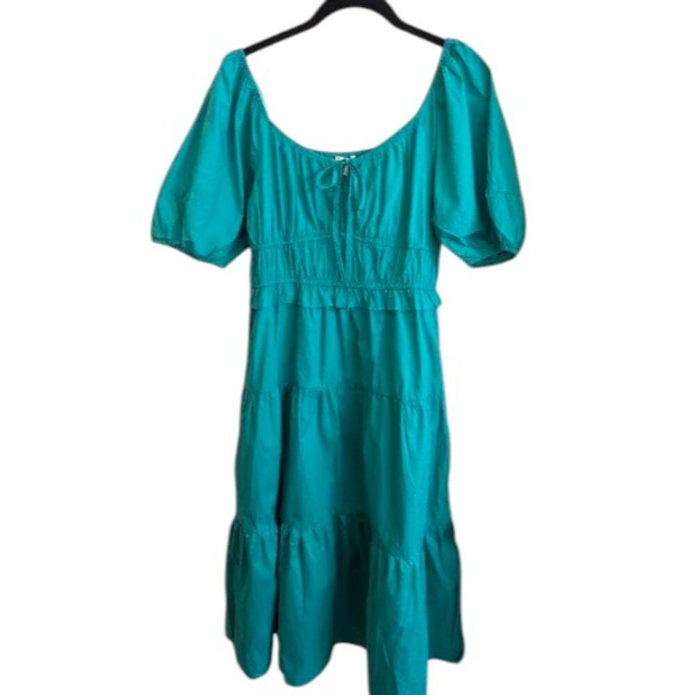 Skies are Blue Teal Midi Dress with Puff Sleeves NWT